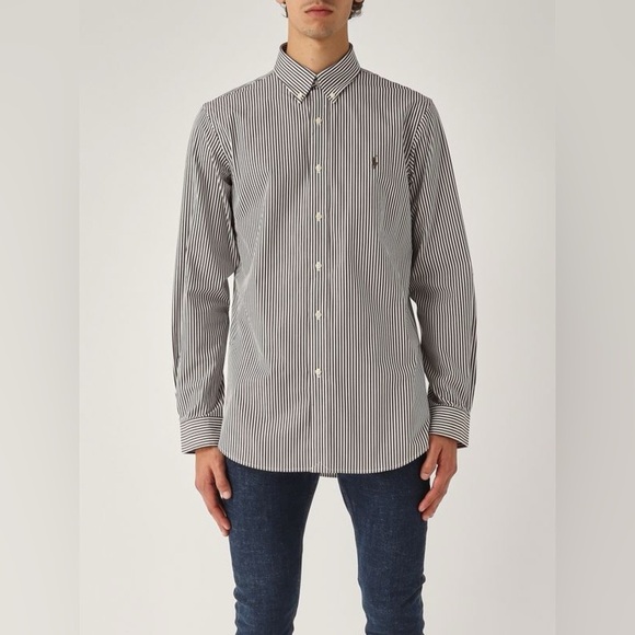POLO RALPH LAUREN Classic Fit Striped Stretch Poplin Shirt Black Grey White Sm - Picture 9 of 11